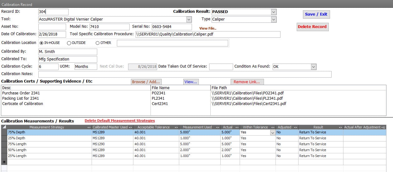 Calibration Management Software Device Tool Calibration Record