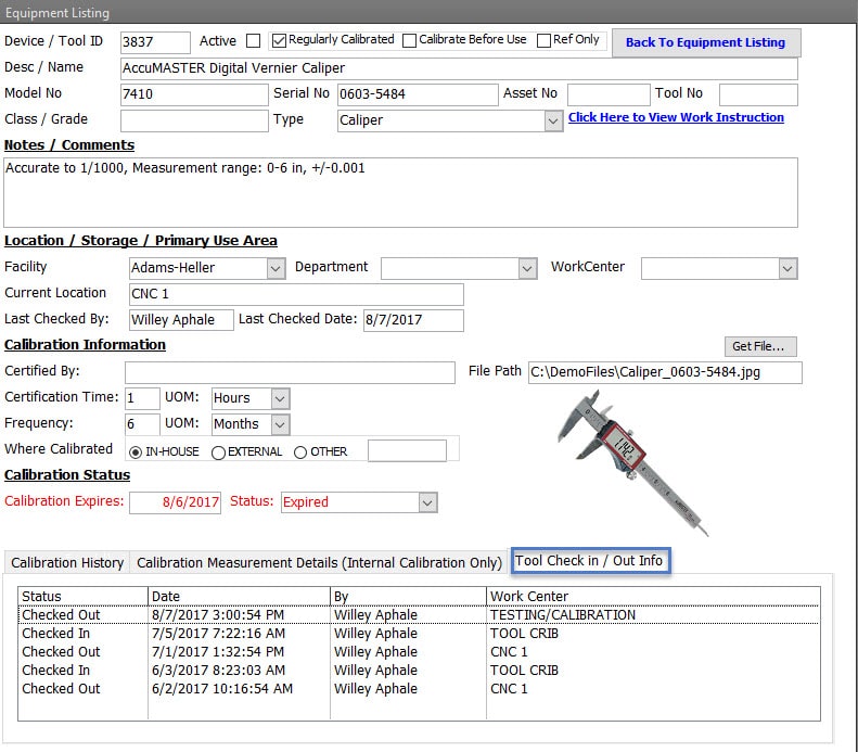 Calibration Management Software Device Tool Definition Check Out In History