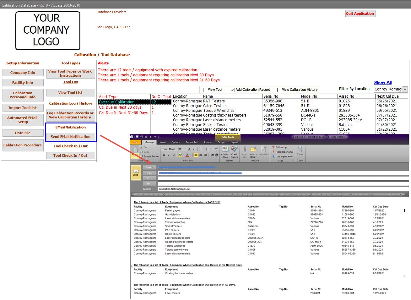 Calibration Management Software Email Notification