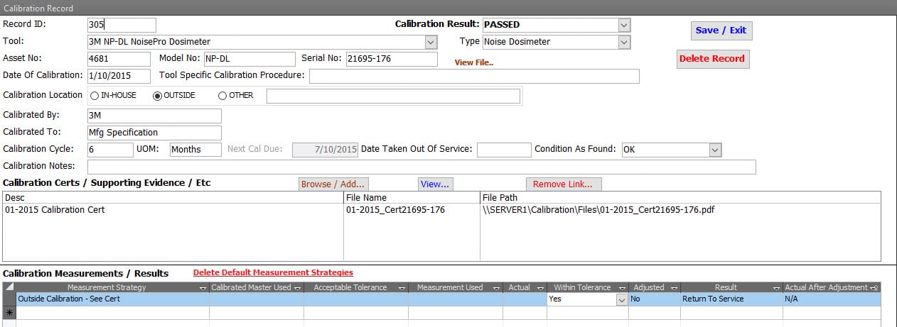 Calibration Management Software External Calibration Record