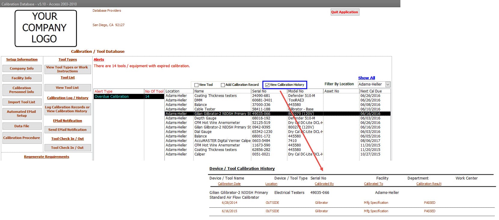 Calibration Management Software Main Menu Device Calibration History