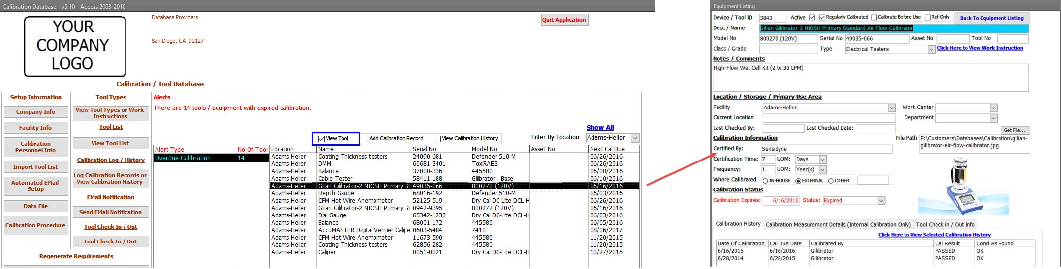 Calibration Management Software Main Menu View Tool