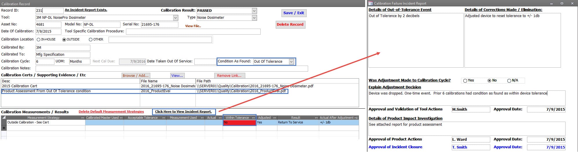 Calibration Management Software Out Of Tolerance Incident Report