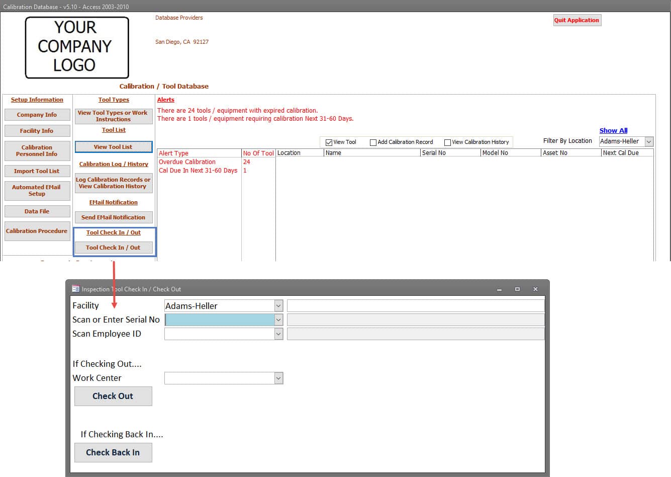 Calibration Management Software Tool Check In and Out