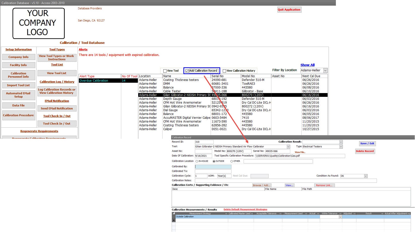 Calibration Management Software Main Menu Device Calibration Record