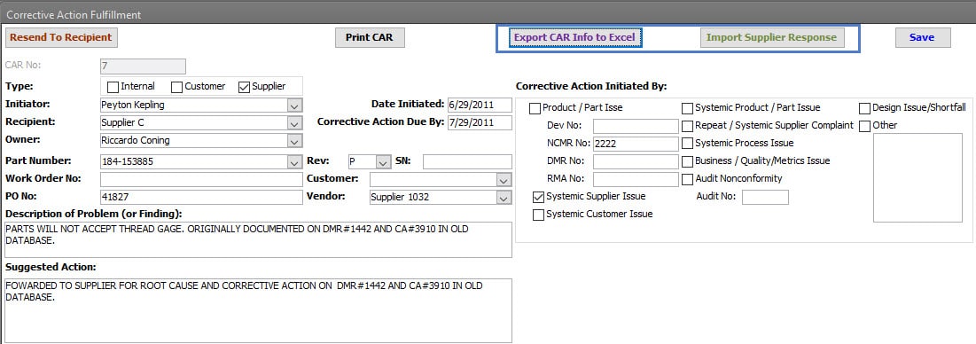 Corrective Action Supplier CA Export To Excel Steps