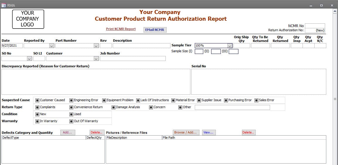 Inspection NonConforming Material Software Customer RMA Information