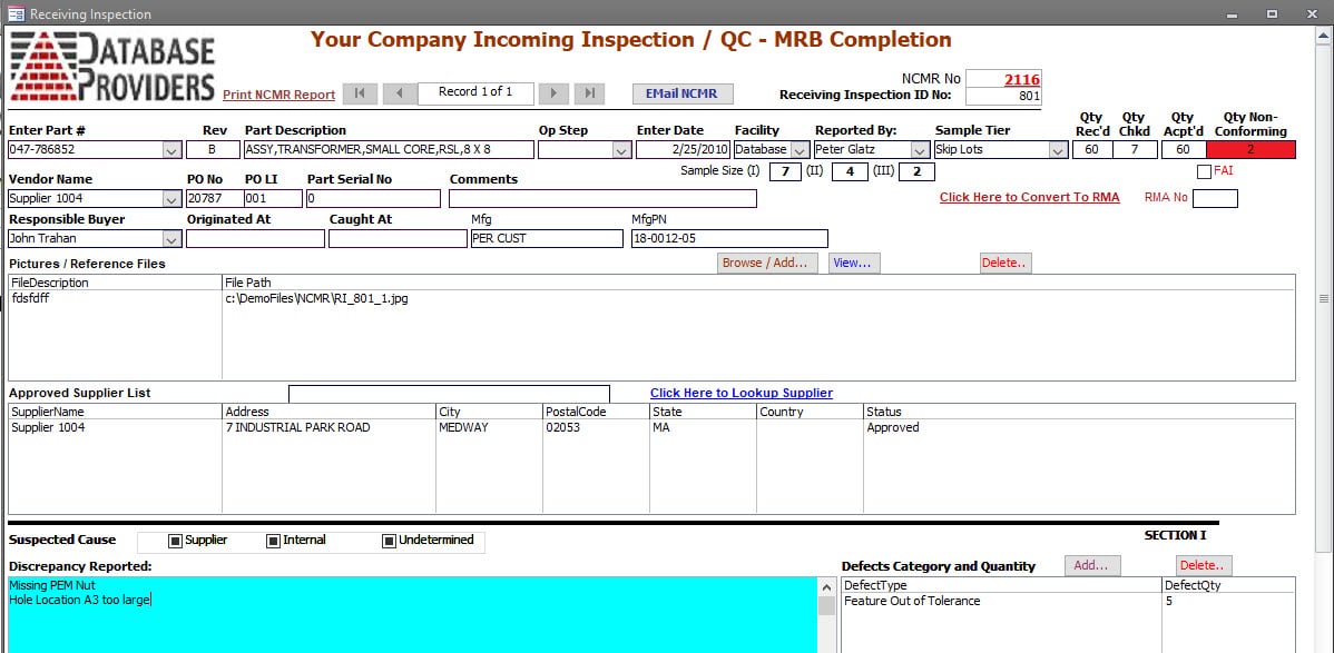 Inspection NonConforming Material Software Dashboard Item