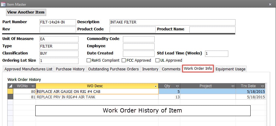 Part Work Order Information